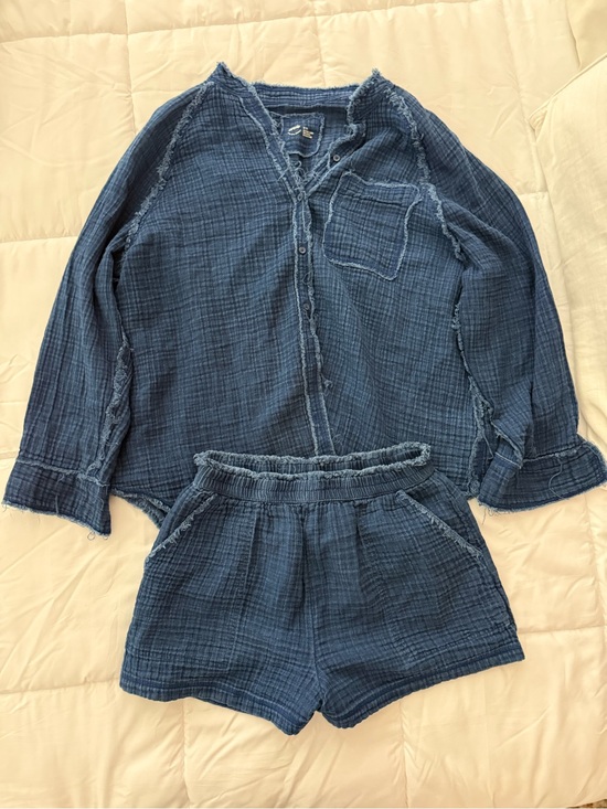 aerie Pants - aerie Indigo navy Blue Gauze textured Button-Up Top & Shorts Set cover up